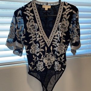 Honey Punch Black and Silver Embroidered Bodysuit